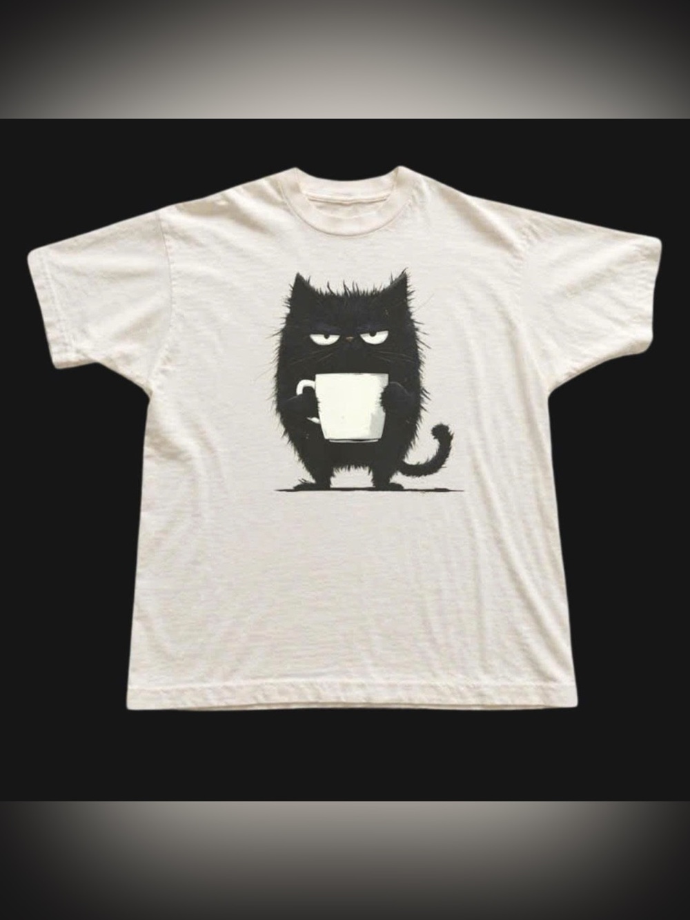 White Cat Graphic Tee with Coffee Cup